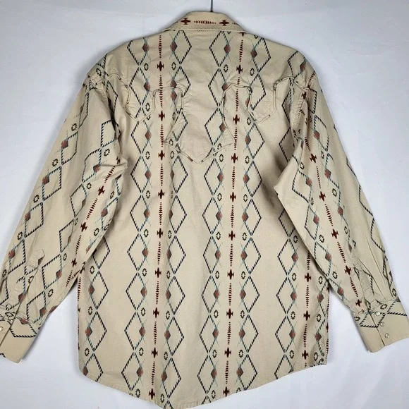 Vintage Wrangler Pearl Snap Shirt Mens XL Tan Long Sleeve Aztec Western Rodeo